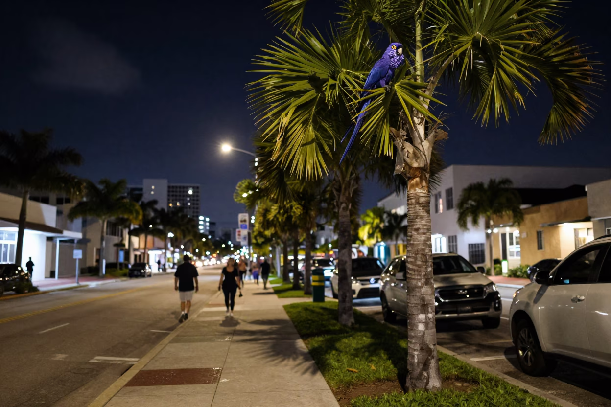 Street Scene in Miami at The Deepest Night Sky Light in in Miami, Florida, United States