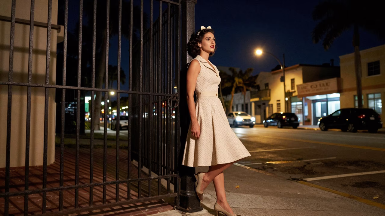 Street Scene in Miami at The Deepest Night Sky Light in in Miami, Florida, United States