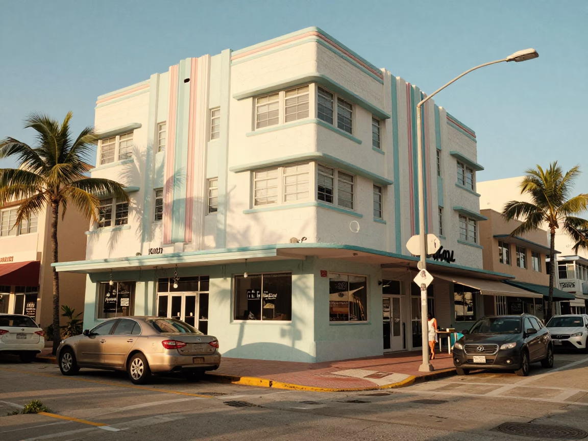 Street Scene in Miami at The Early Afternoon Light in in Miami, Florida, United States