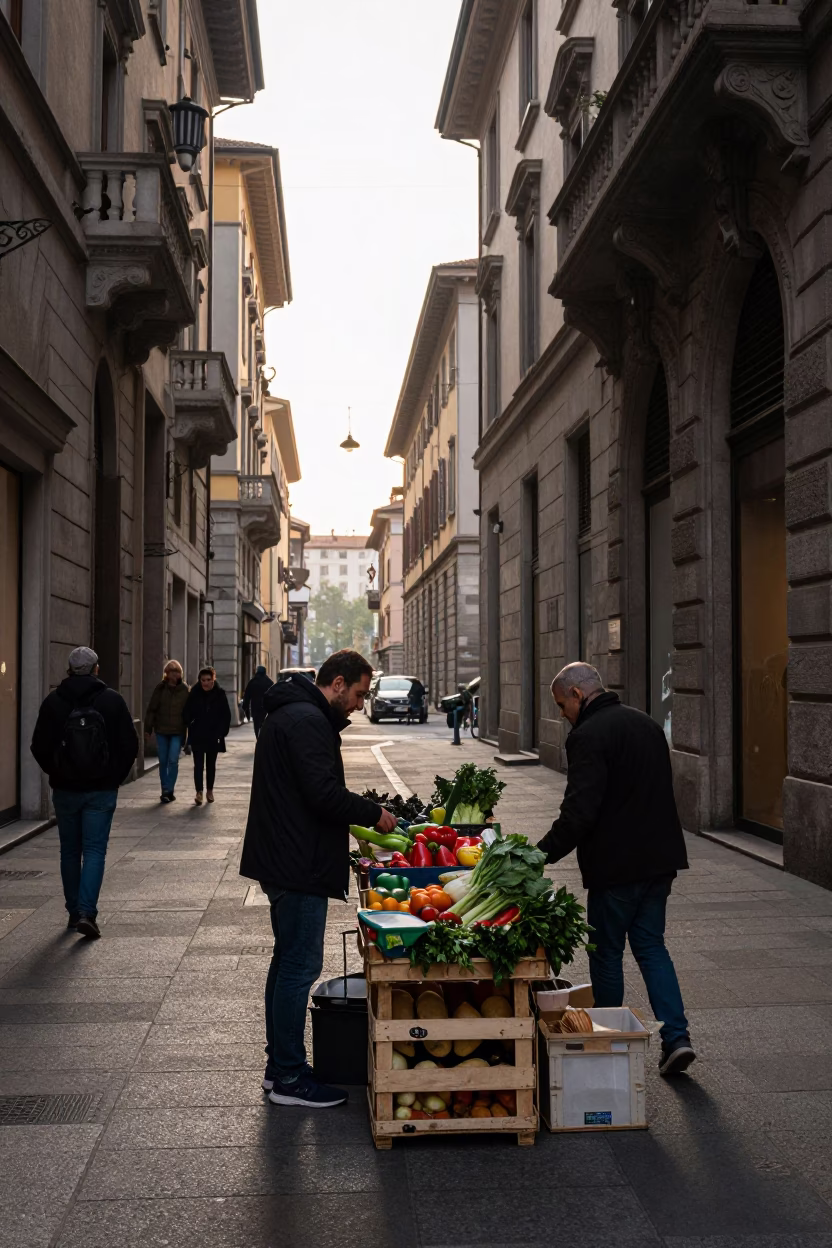 Street Scene in Milan at As First Light Reaches The Scene in in Milan, Italy