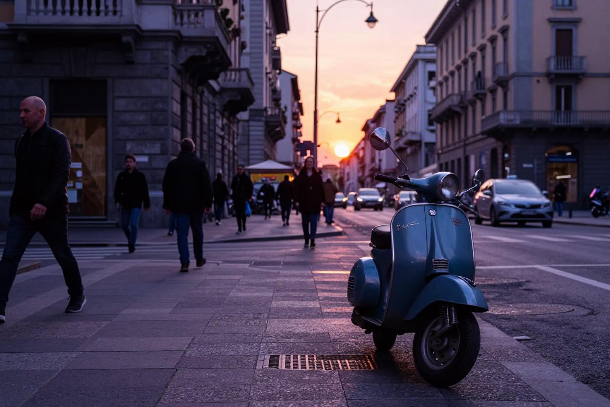 Street Scene in Milan at As The Sun Drops Toward The Horizon in in Milan, Italy