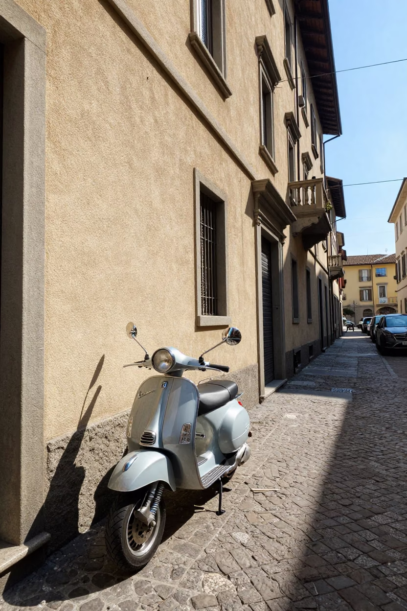 Street Scene in Milan at Bright Midmorning Light in in Milan, Italy