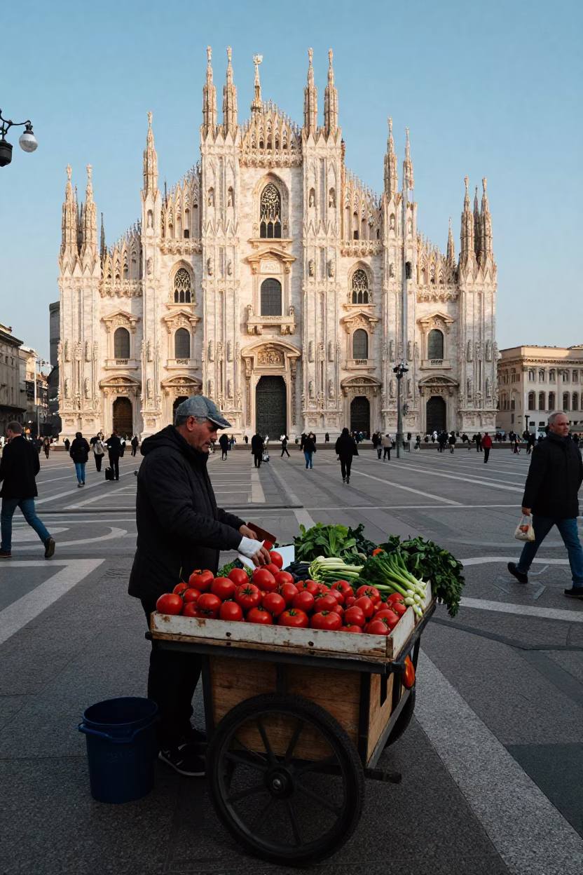 Street Scene in Milan at Clear Late-afternoon Light in in Milan, Italy