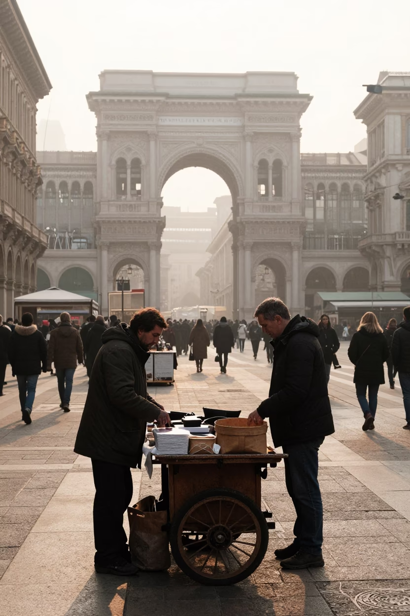 Street Scene in Milan at First Light Of Dawn in in Milan, Italy