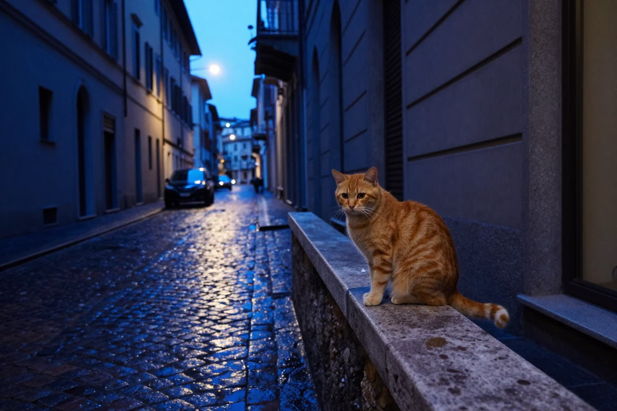 Street Scene in Milan at Indigo Twilight After Sunset in in Milan, Italy