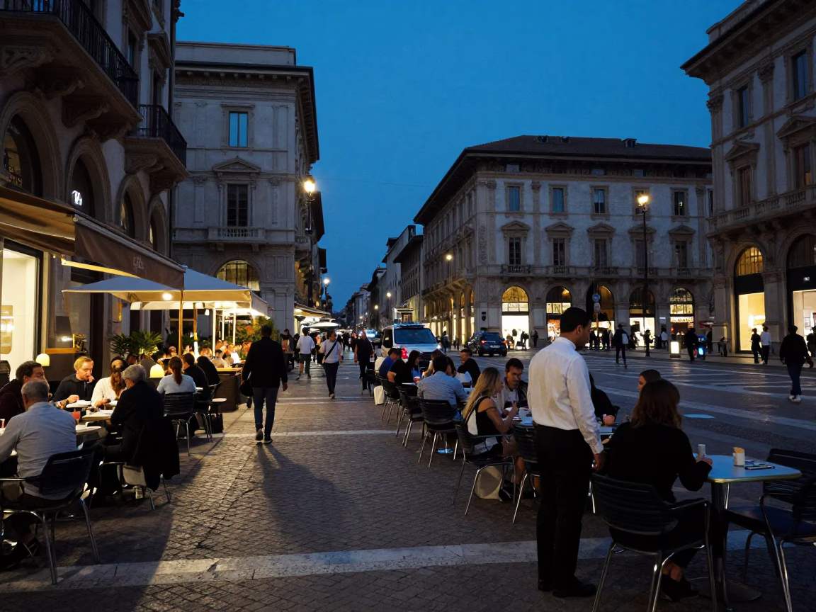 Street Scene in Milan at Indigo Twilight After Sunset in in Milan, Italy