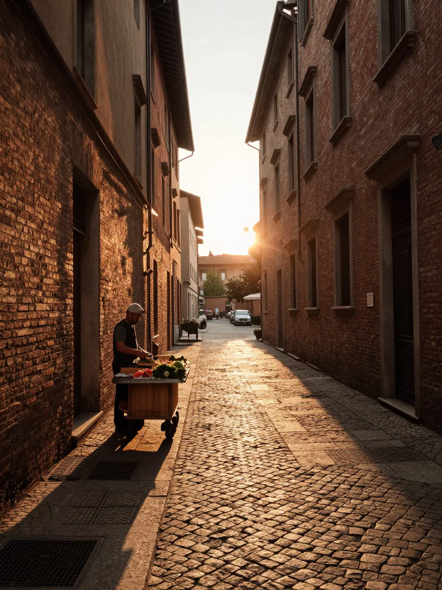 Street Scene in Milan at Sunset Light in in Milan, Italy