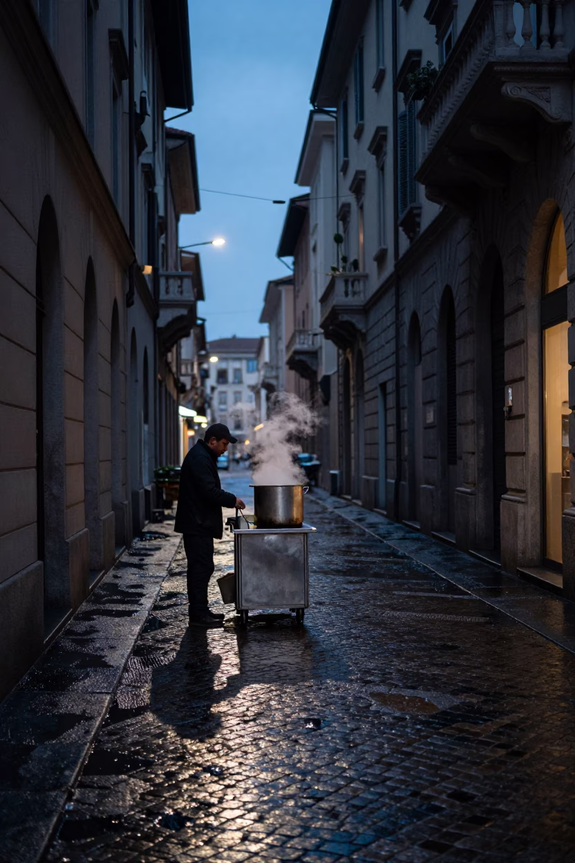 Street Scene in Milan at The Predawn Darkness Light in in Milan, Italy