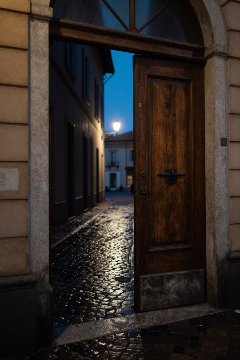 Street Scene in Milan at The Predawn Darkness Light in in Milan, Italy