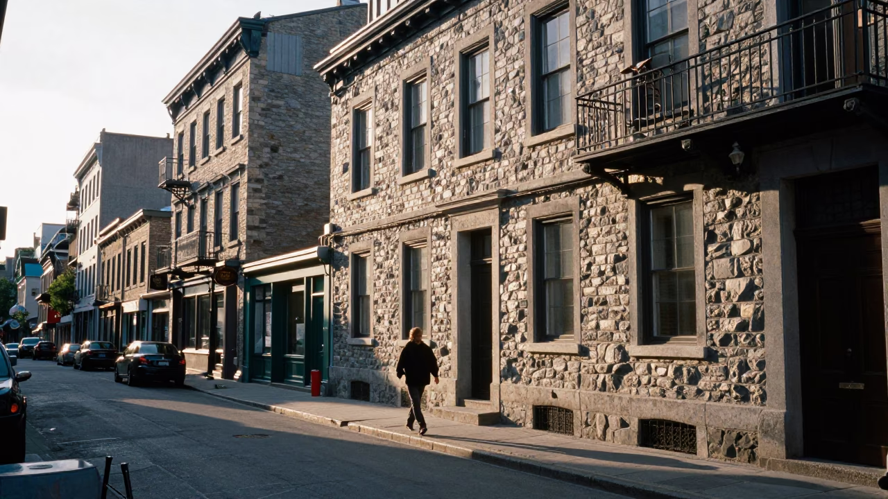 Street Scene in Montreal at As First Light Reaches The Scene in in Montreal, Quebec, Canada