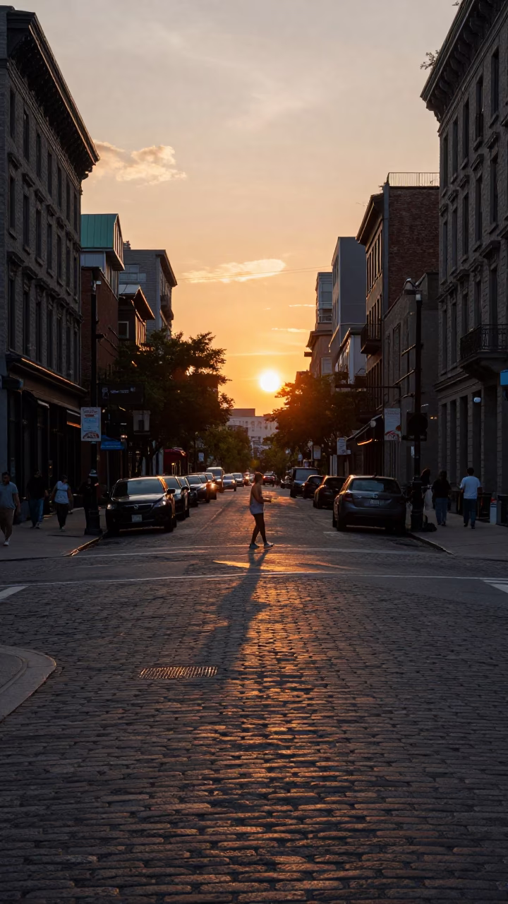 Street Scene in Montreal at As The Sun Drops Toward The Horizon in in Montreal, Quebec, Canada