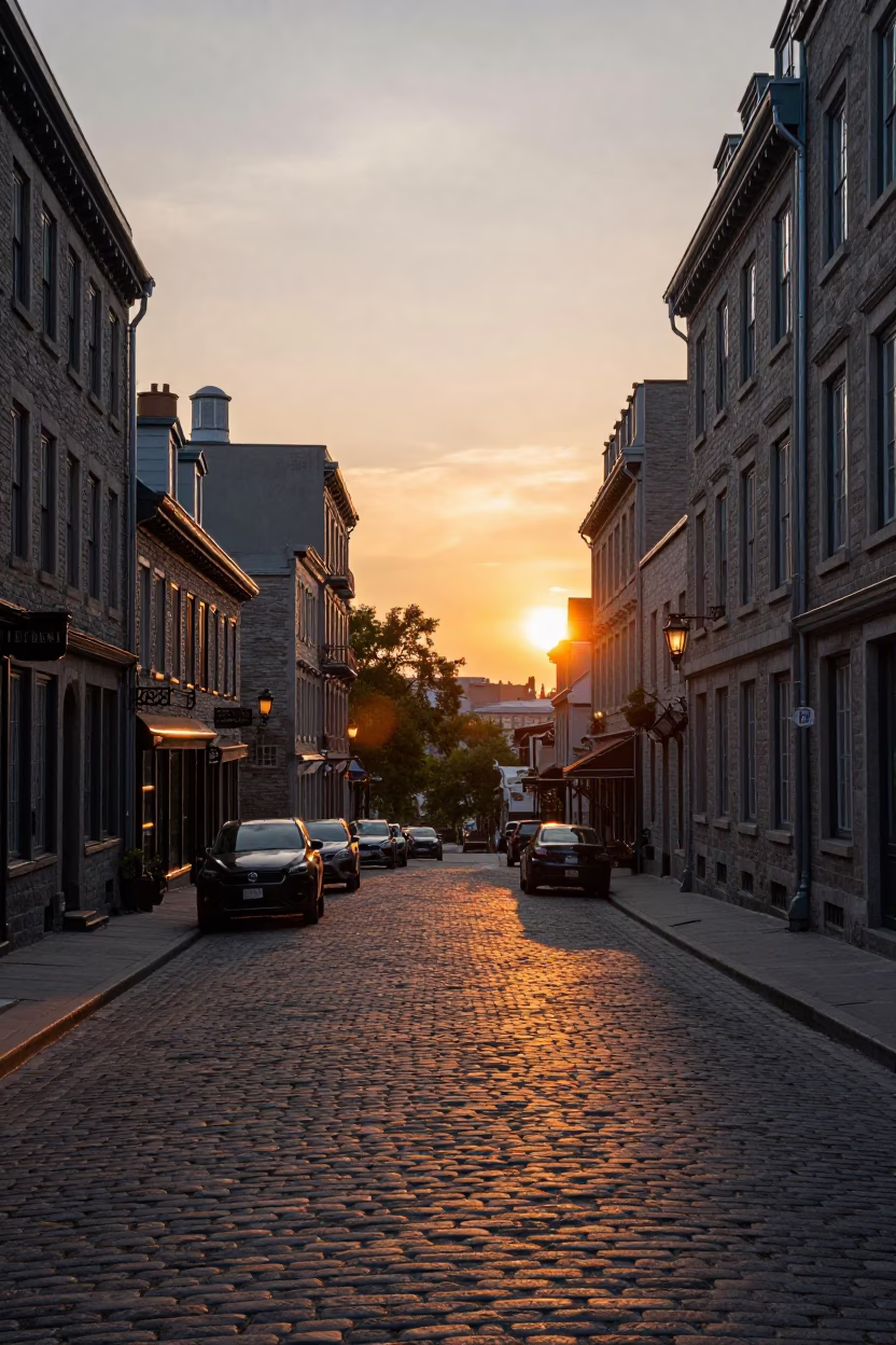 Street Scene in Montreal at As The Sun Drops Toward The Horizon in in Montreal, Quebec, Canada