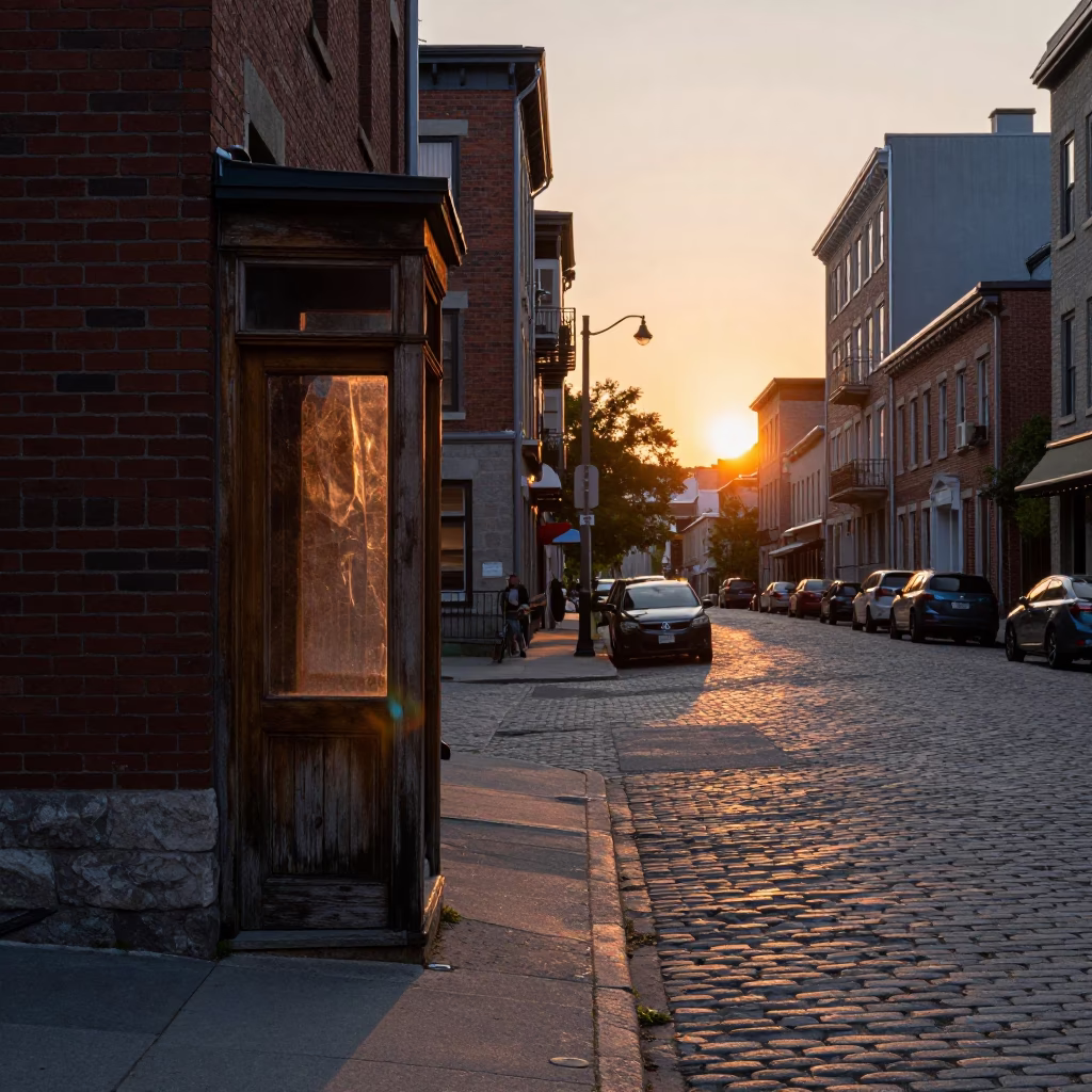Street Scene in Montreal at As The Sun Drops Toward The Horizon in in Montreal, Quebec, Canada