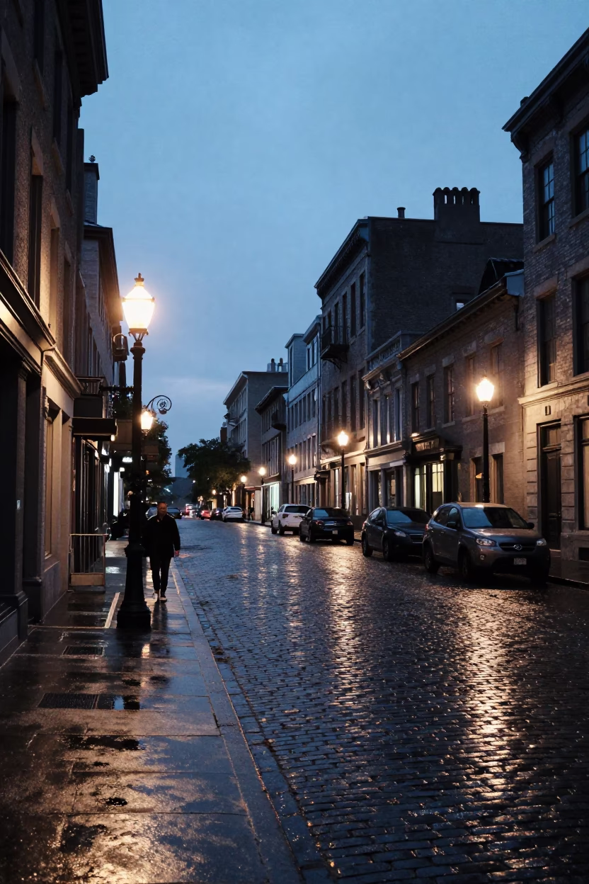 Street Scene in Montreal at Indigo Twilight After Sunset in in Montreal, Quebec, Canada