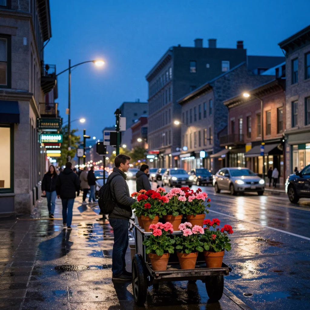Street Scene in Montreal at Indigo Twilight After Sunset in in Montreal, Quebec, Canada