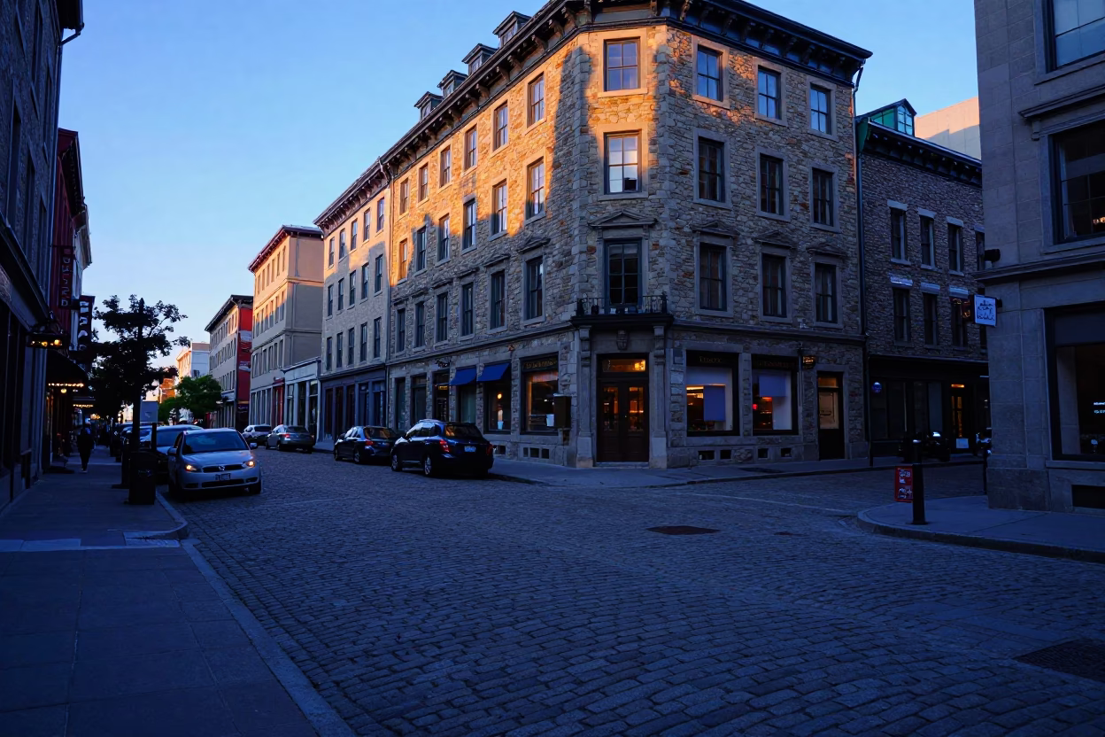 Street Scene in Montreal at Nautical Dawn Light in in Montreal, Quebec, Canada