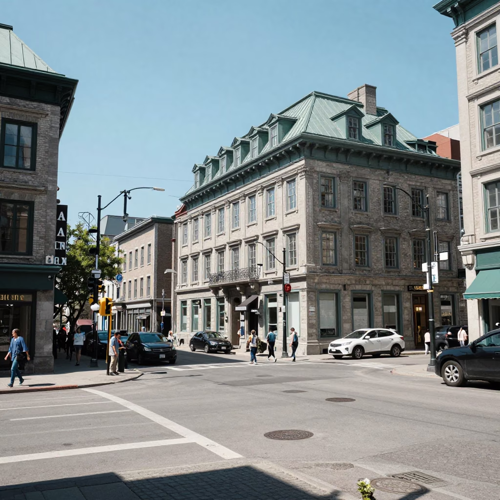 Street Scene in Montreal at The Flat Glare Of Noon Light in in Montreal, Quebec, Canada