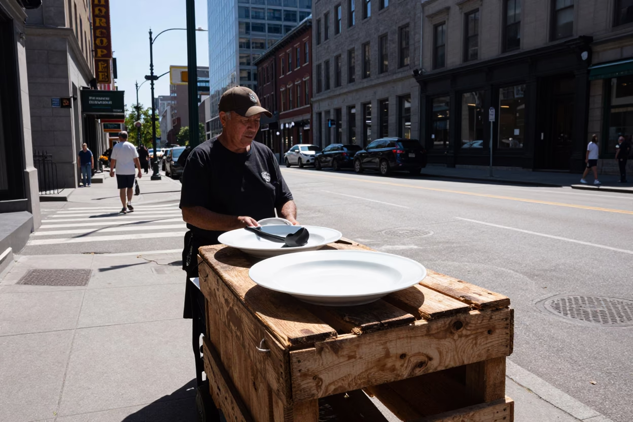 Street Scene in Montreal at The Flat Glare Of Noon Light in in Montreal, Quebec, Canada