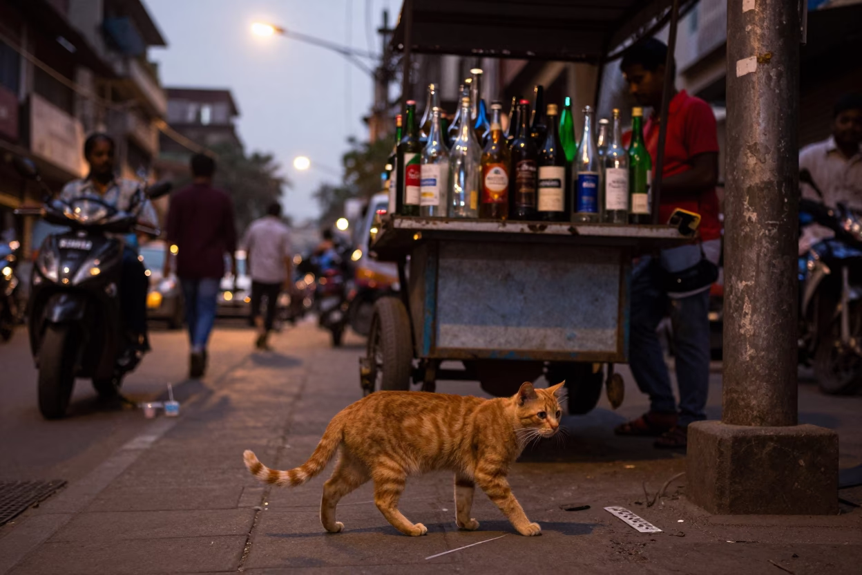 Street Scene in Mumbai at As City Lights Begin To Glow in in Mumbai, India