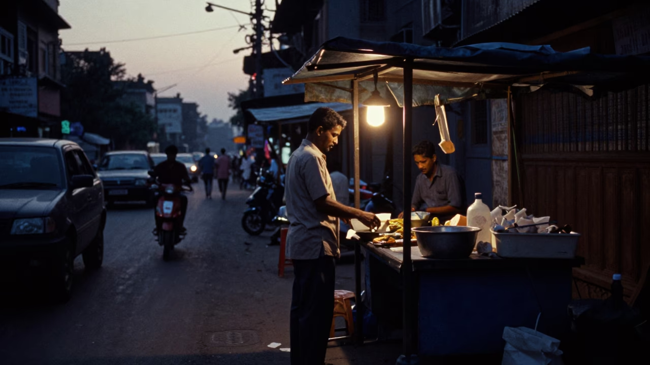 Street Scene in Mumbai at The Predawn Darkness Light in in Mumbai, India