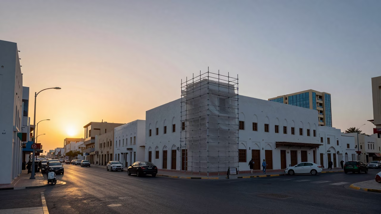 Street Scene in Muscat at As The Sun Drops Toward The Horizon in in Muscat, Oman