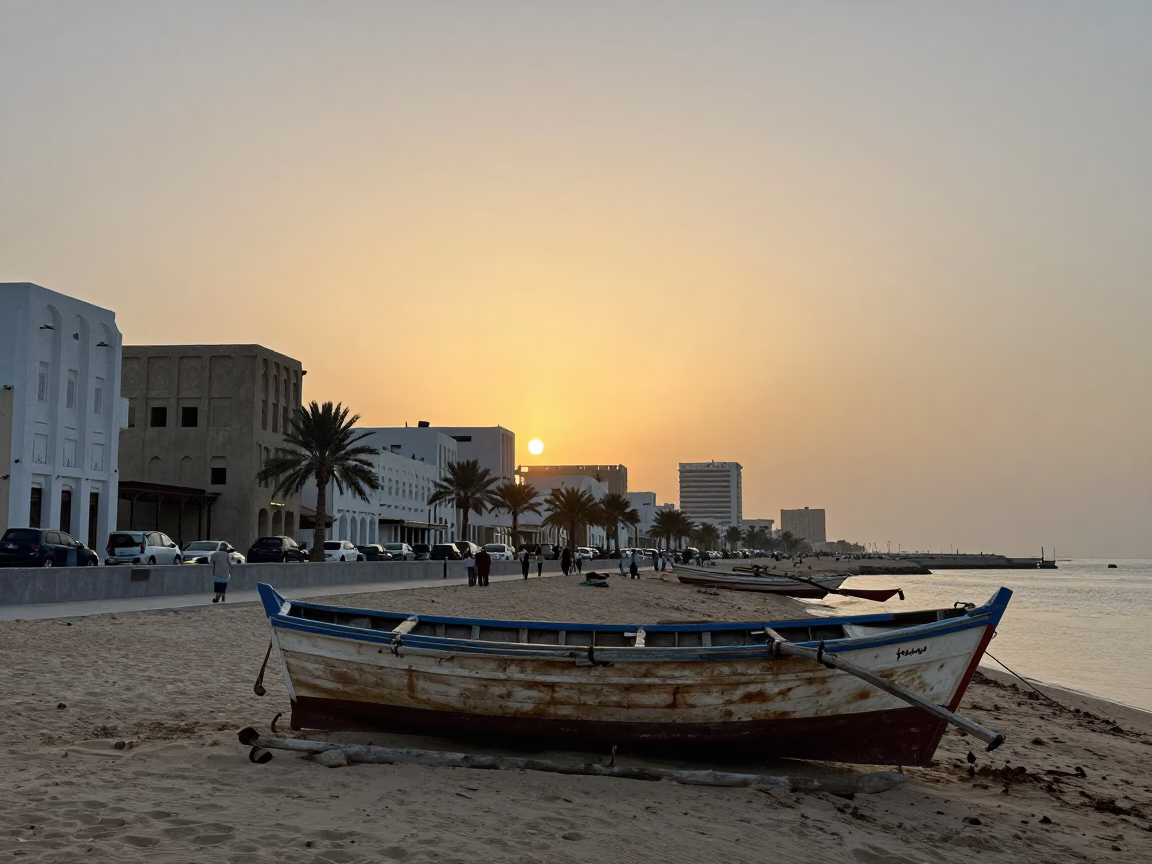 Street Scene in Muscat at As The Sun Drops Toward The Horizon in in Muscat, Oman