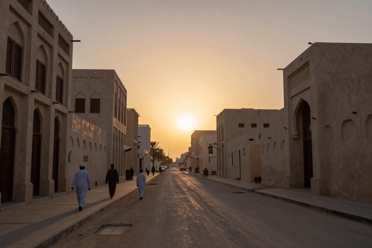 Street Scene in Muscat at As The Sun Drops Toward The Horizon in in Muscat, Oman