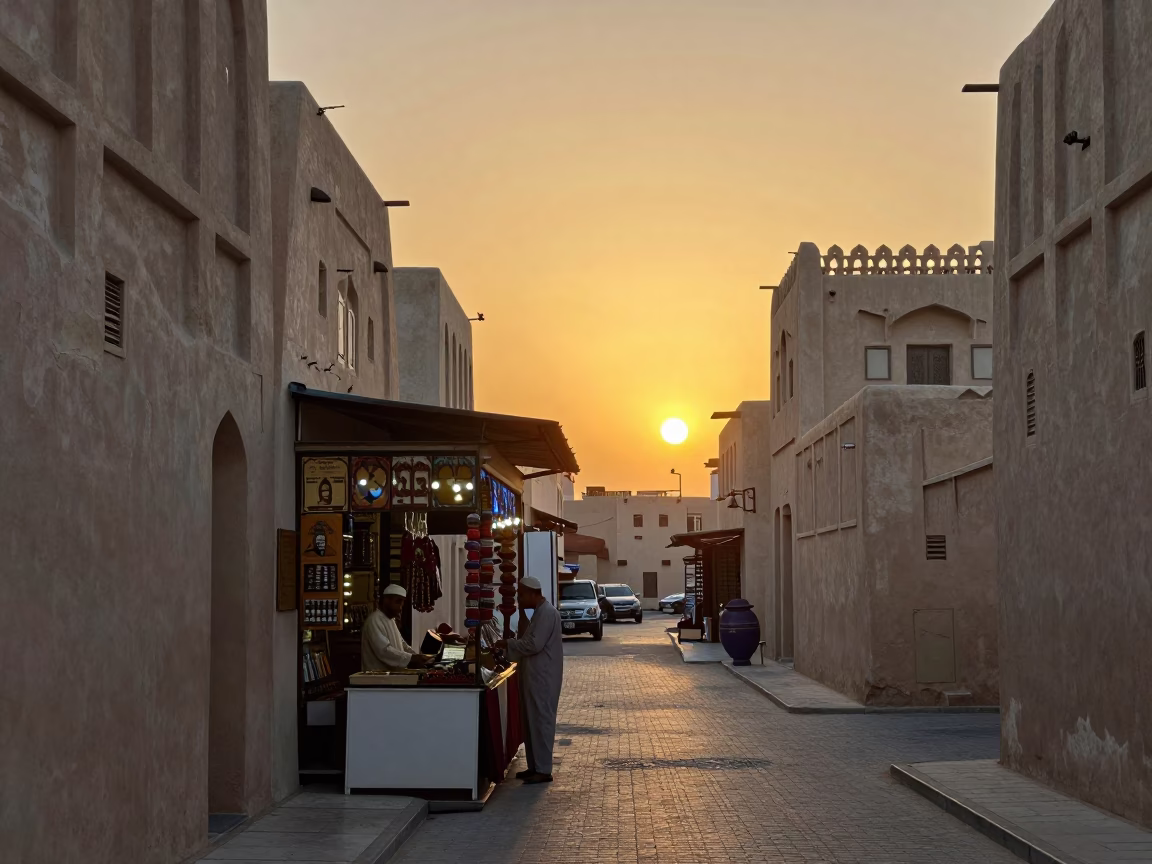 Street Scene in Muscat at As The Sun Drops Toward The Horizon in in Muscat, Oman