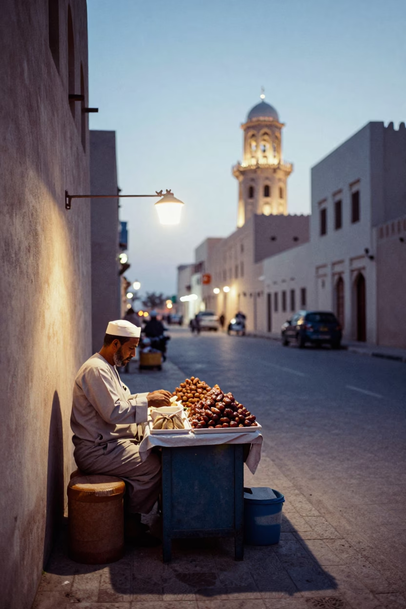 Street Scene in Muscat at Nautical Dawn Light in in Muscat, Oman