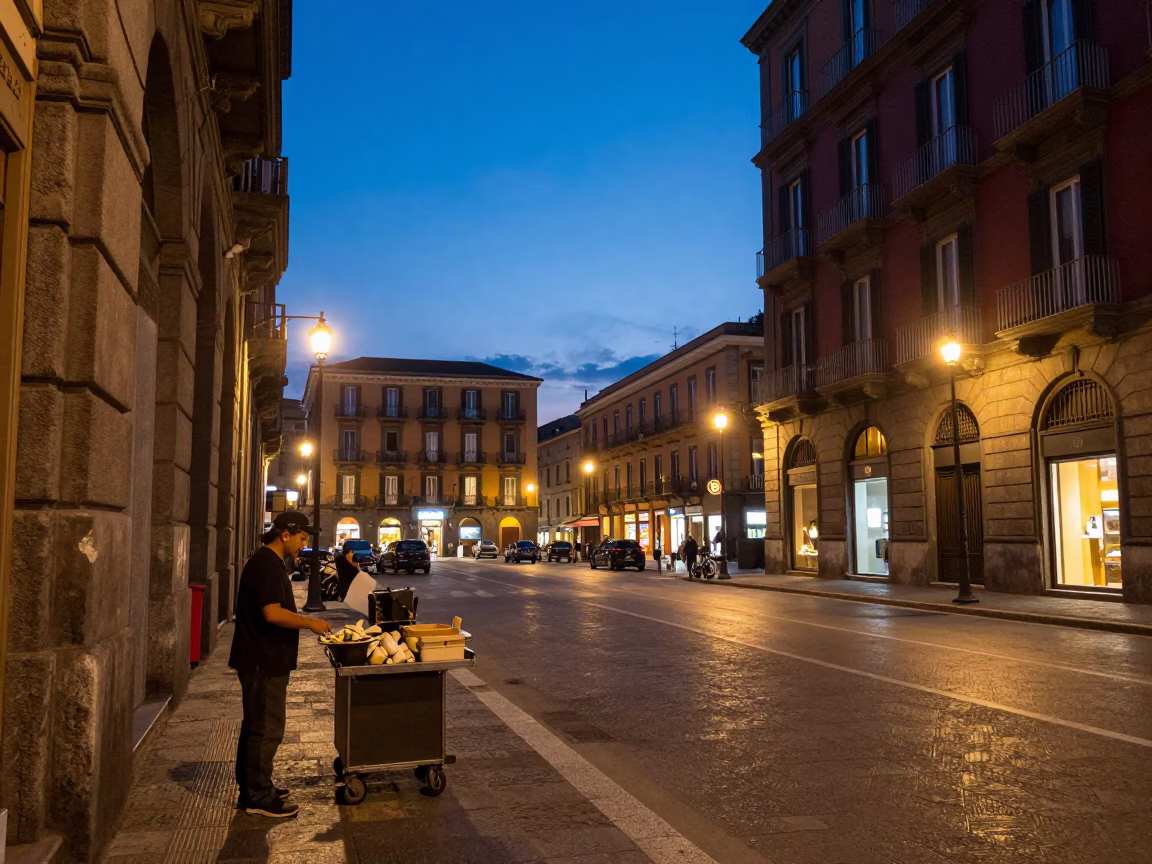 Street Scene in Naples at As City Lights Begin To Glow in in Naples, Italy