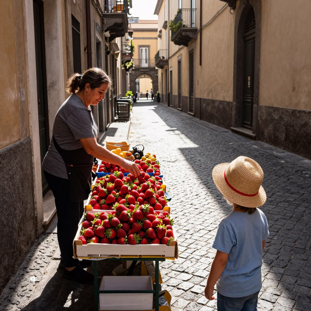 Street Scene in Naples at As First Light Reaches The Scene in in Naples, Italy