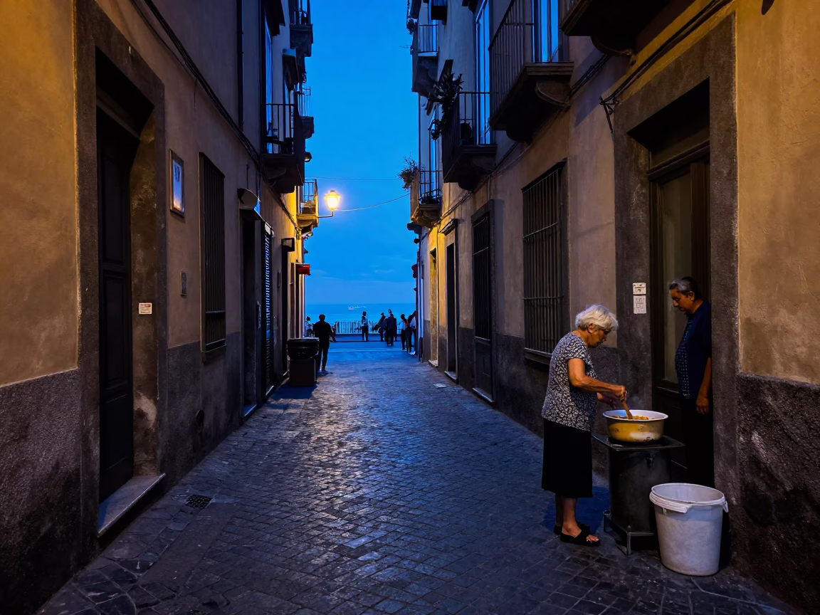 Street Scene in Naples at Blue Hour in in Naples, Italy
