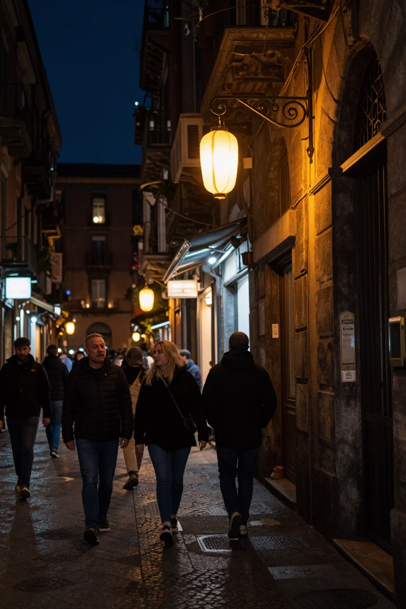 Street Scene in Naples at Deep In The Night Light in in Naples, Italy