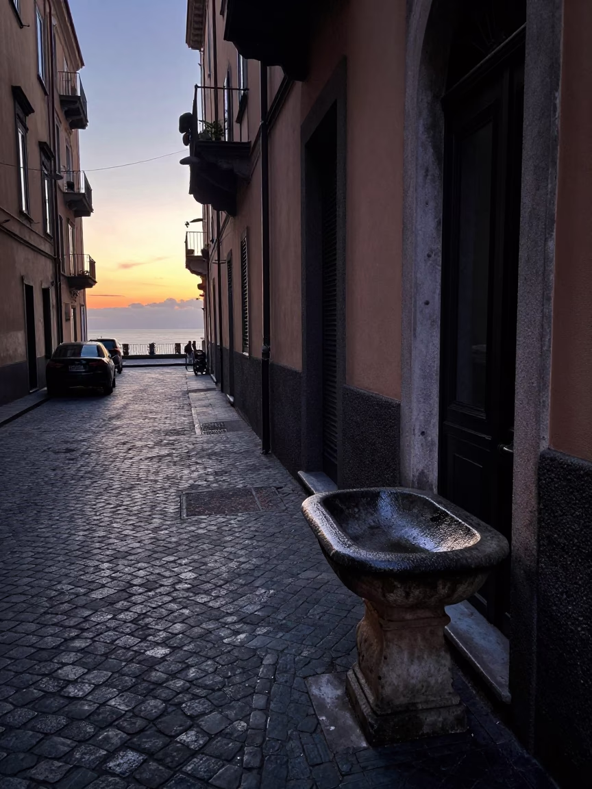 Street Scene in Naples at First Light Of Dawn in in Naples, Italy