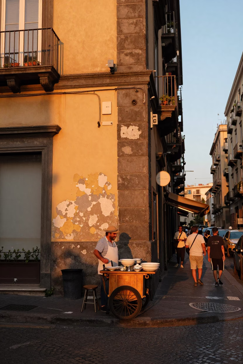 Street Scene in Naples at Honeyed Evening Light in in Naples, Italy
