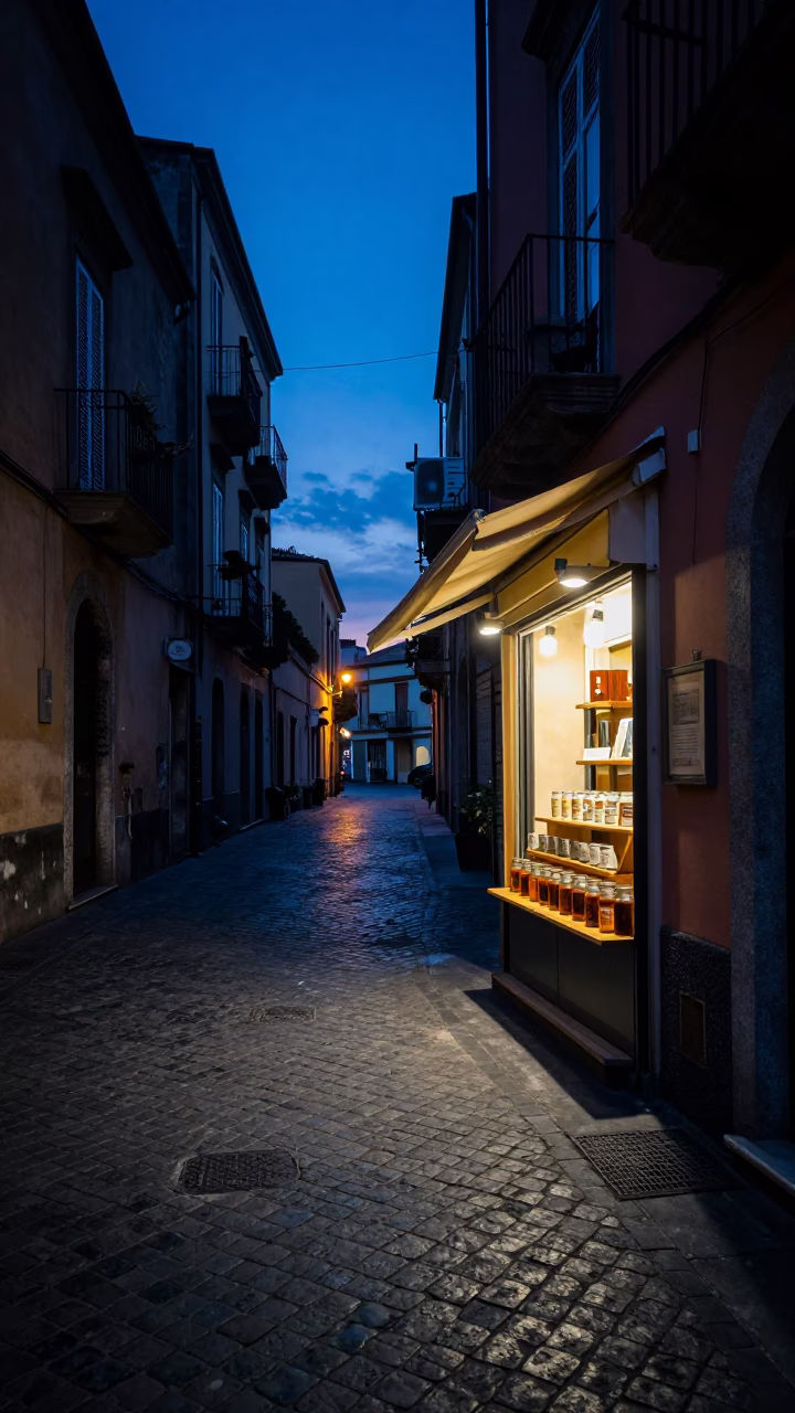 Street Scene in Naples at Indigo Twilight After Sunset in in Naples, Italy