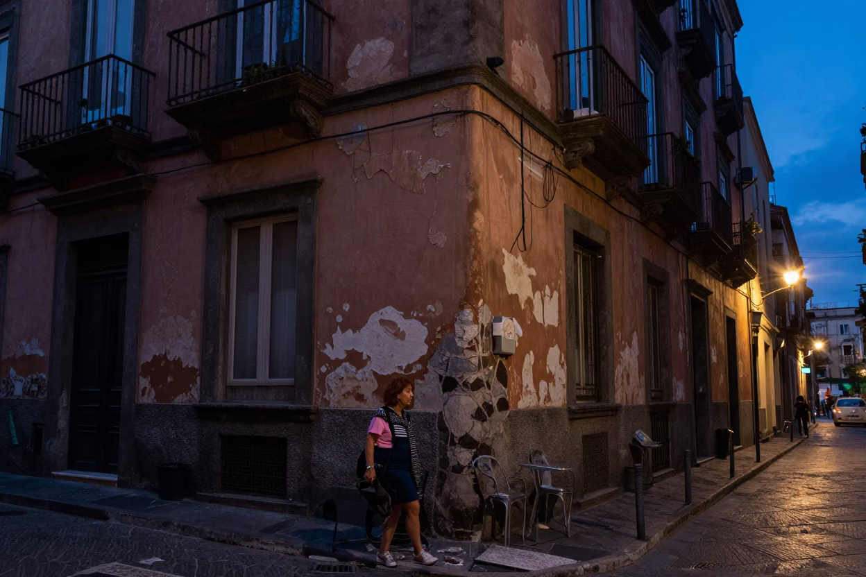 Street Scene in Naples at Indigo Twilight After Sunset in in Naples, Italy