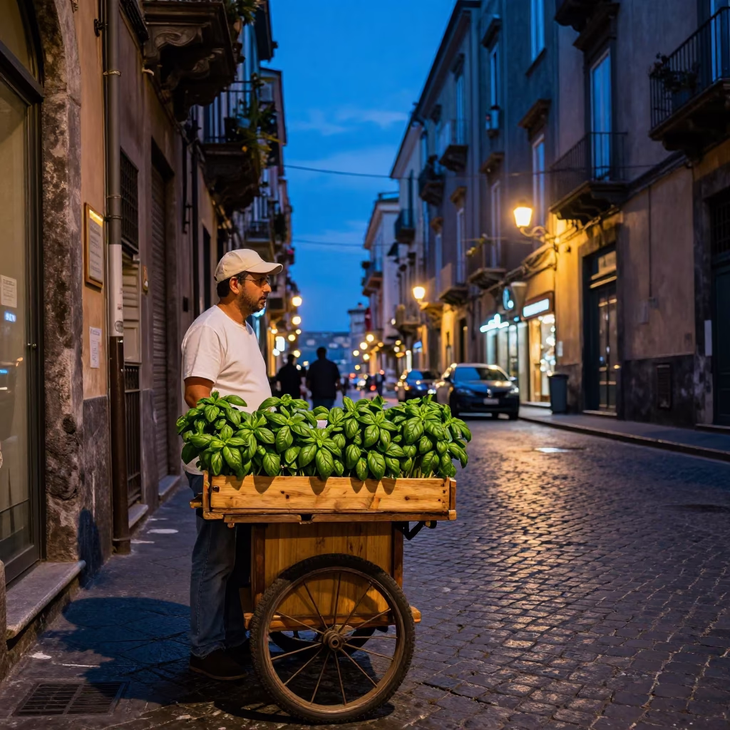 Street Scene in Naples at Indigo Twilight After Sunset in in Naples, Italy
