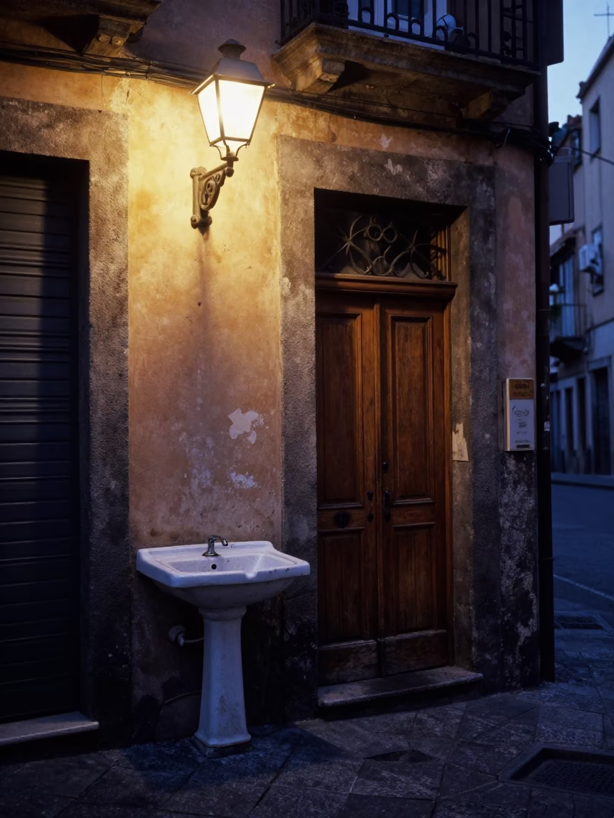 Street Scene in Naples at The Predawn Darkness Light in in Naples, Italy