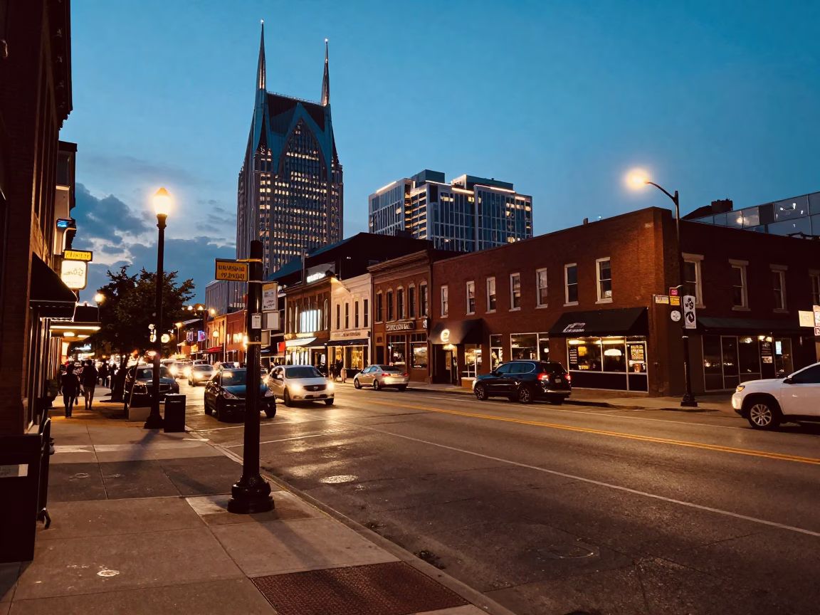 Street Scene in Nashville at As City Lights Begin To Glow in in Nashville, Tennessee, United States
