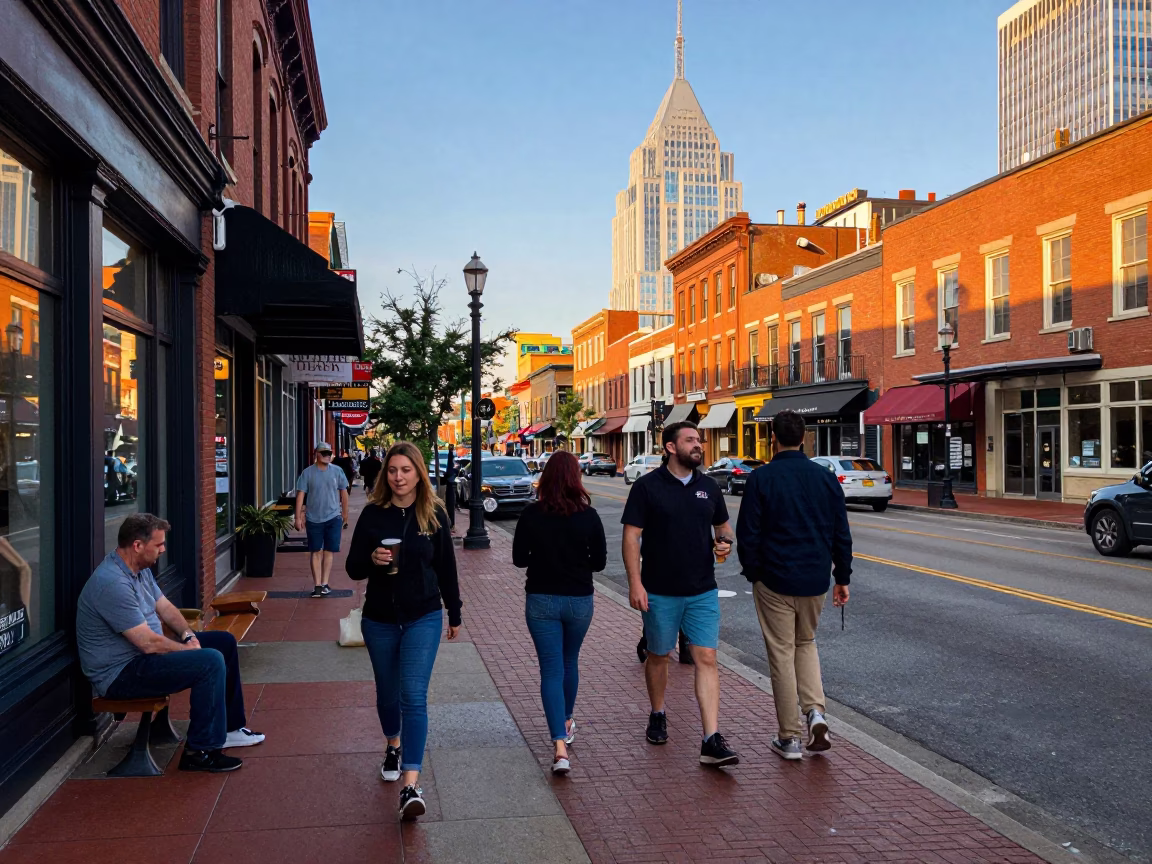 Street Scene in Nashville at Honeyed Evening Light in in Nashville, Tennessee, United States