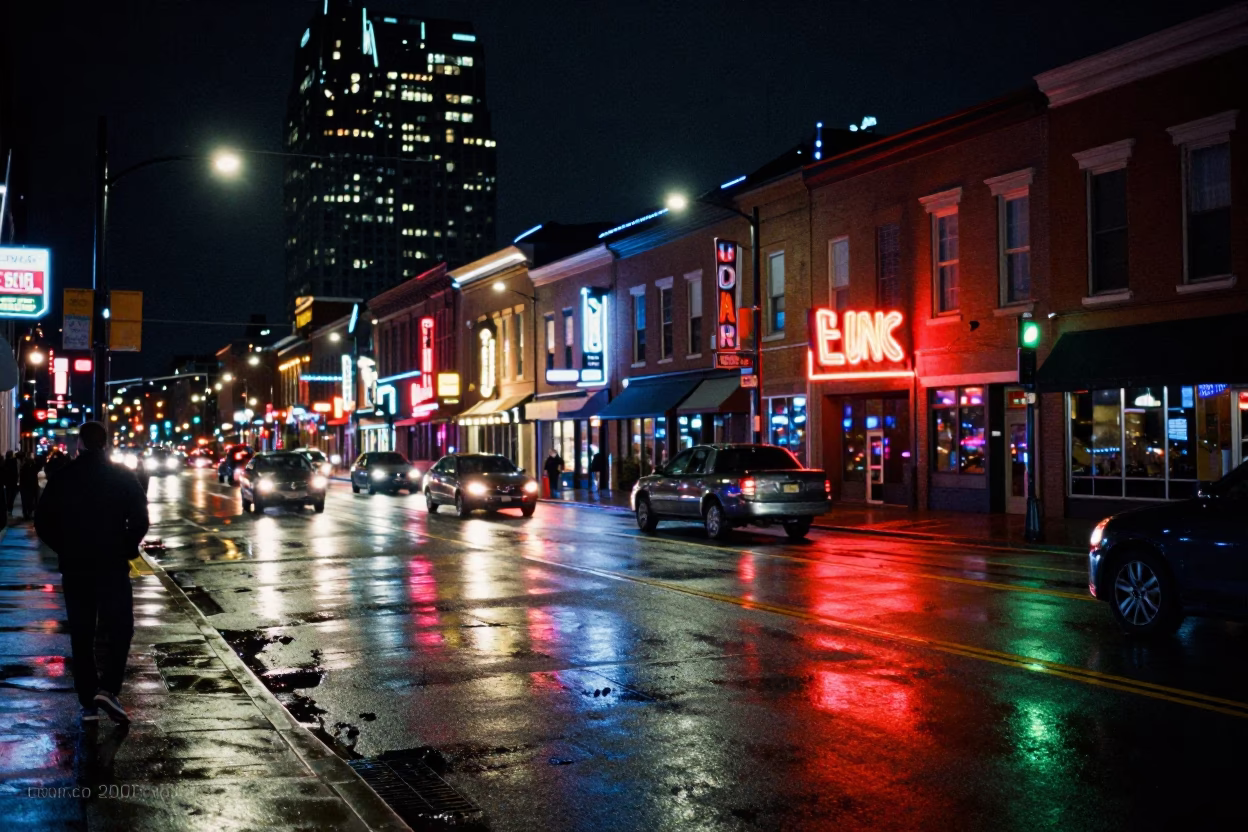 Street Scene in Nashville at Late At Night Light in in Nashville, Tennessee, United States