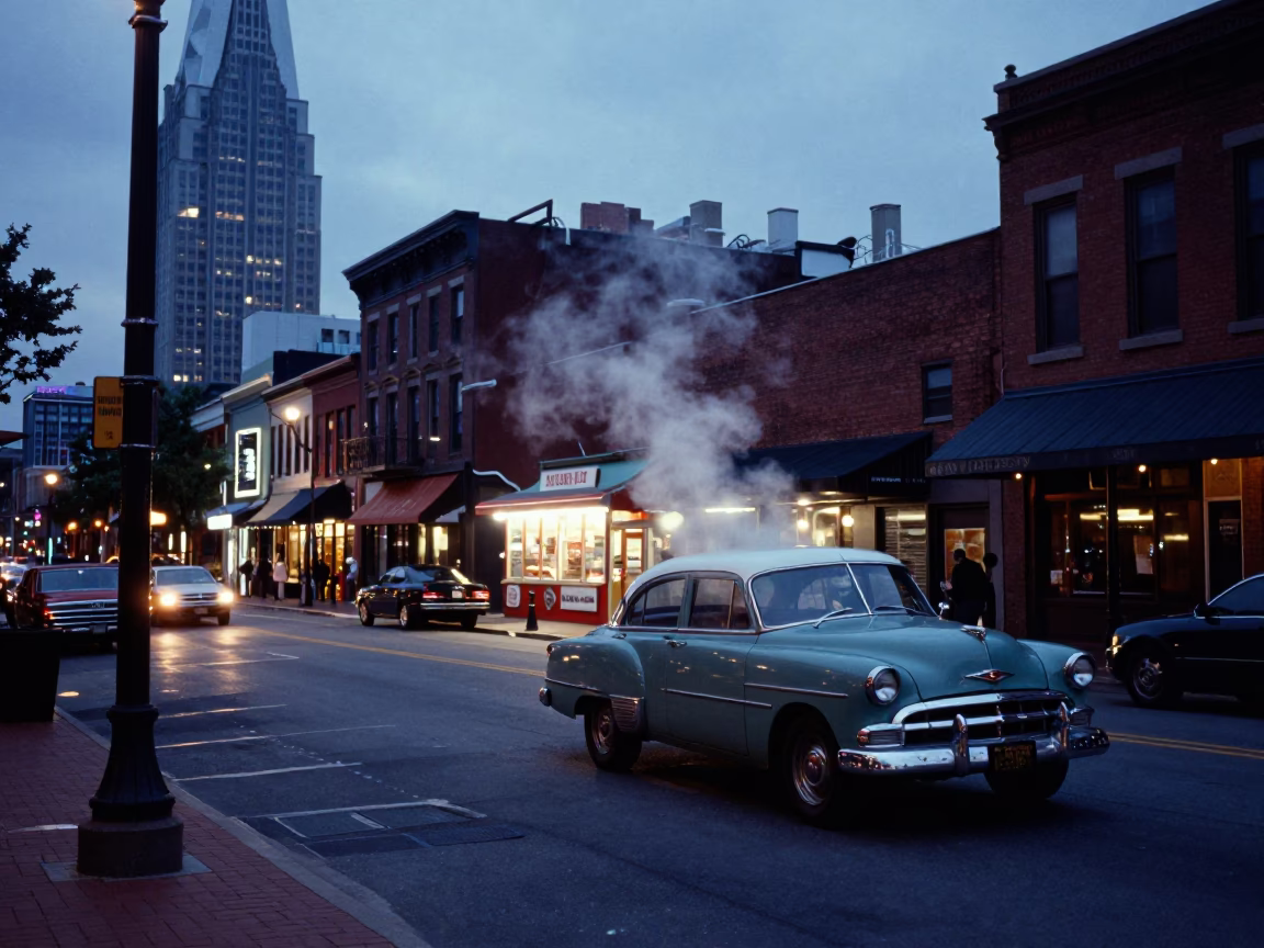 Street Scene in Nashville at Nautical Dawn Light in in Nashville, Tennessee, United States