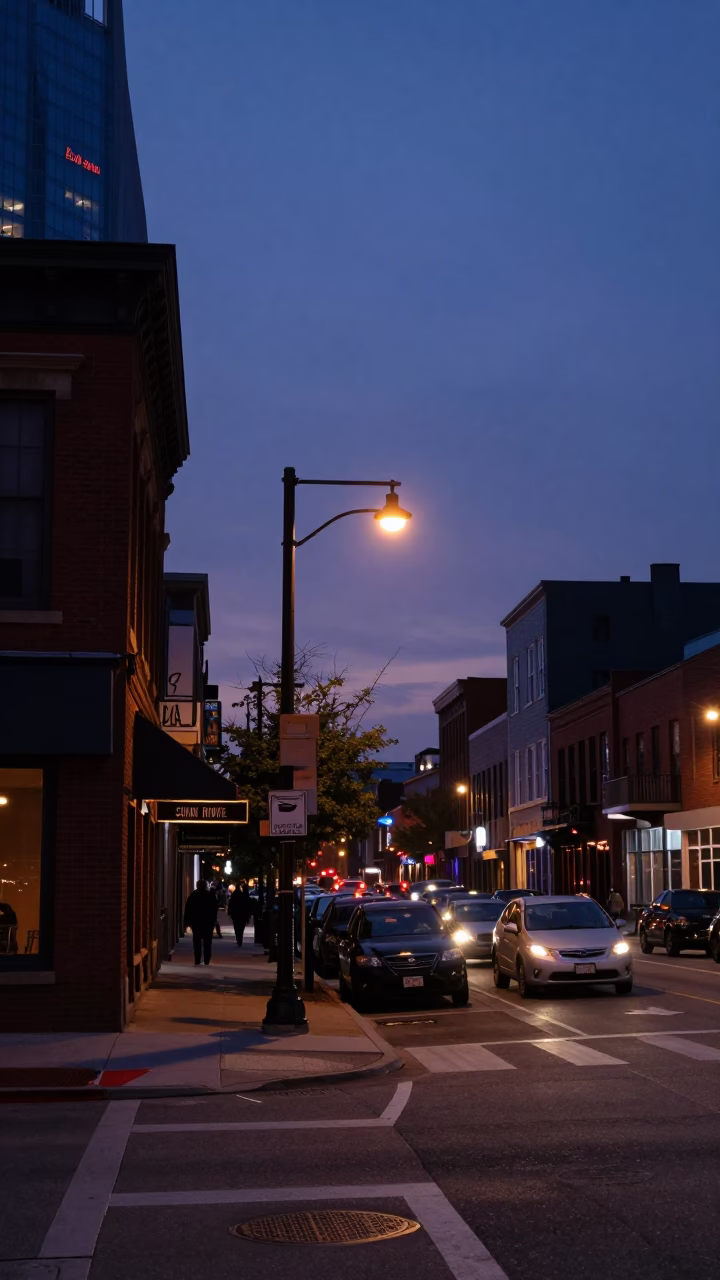 Street Scene in Nashville at Nautical Dawn Light in in Nashville, Tennessee, United States