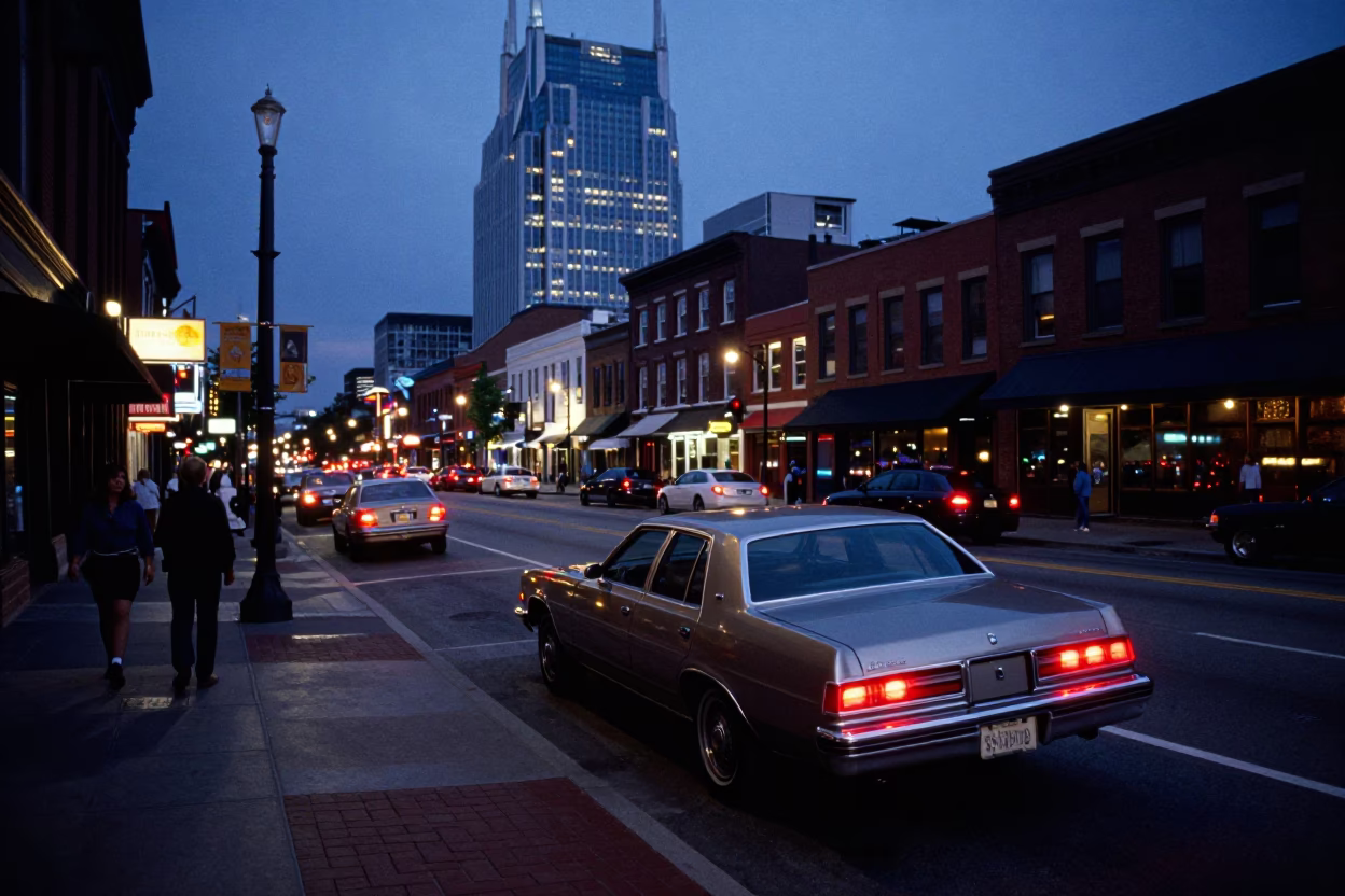 Street Scene in Nashville at Twilight in in Nashville, Tennessee, United States