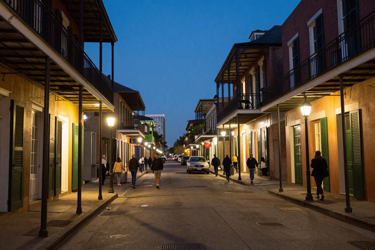 Street Scene in New Orleans at As City Lights Begin To Glow in in New Orleans, Louisiana, United States