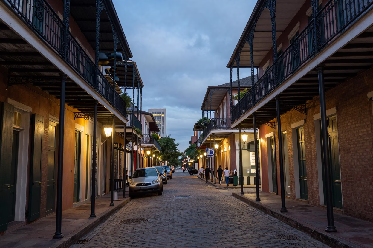 Street Scene in New Orleans at As City Lights Begin To Glow in in New Orleans, Louisiana, United States