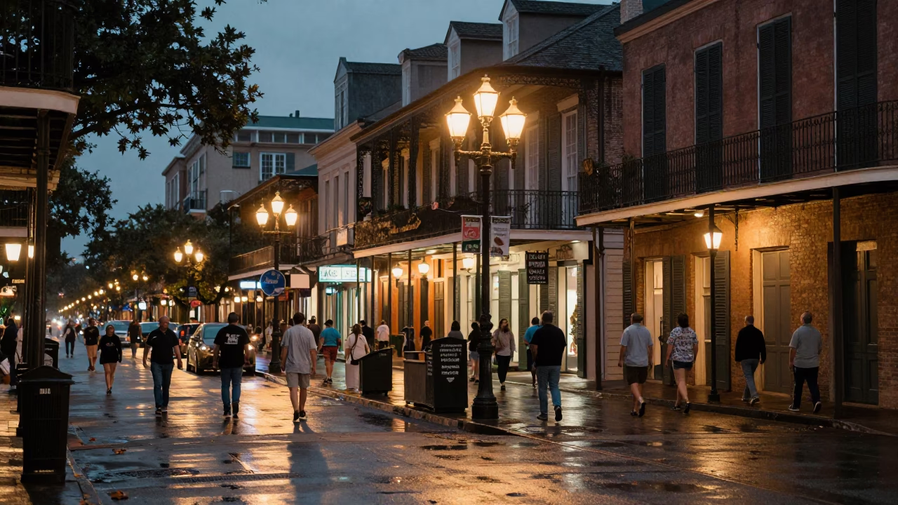 Street Scene in New Orleans at As City Lights Begin To Glow in in New Orleans, Louisiana, United States