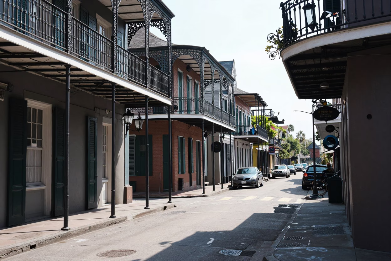 Street Scene in New Orleans at Bright Midmorning Light in in New Orleans, Louisiana, United States