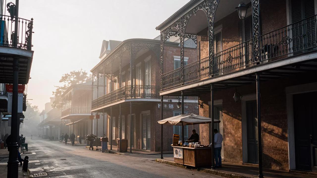Street Scene in New Orleans at First Light Of Dawn in in New Orleans, Louisiana, United States